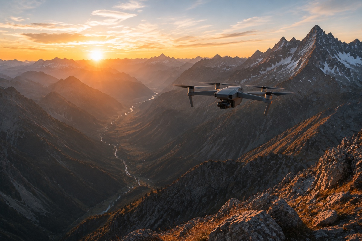 Camera drone flying above an alpine valley