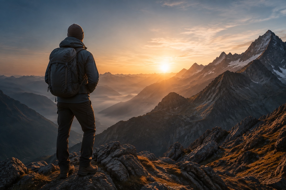 Hiker overlooking an alpine valley at sunrise