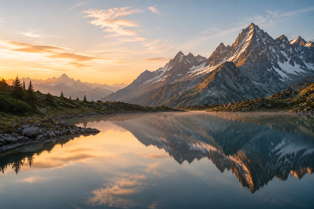 Alpine lake reflecting sunlit mountain peaks